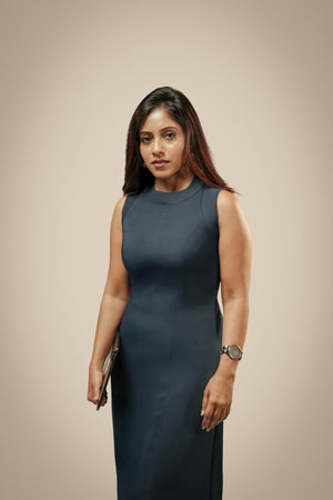 Ikigara teal sleeveless dress with clean panel construction
