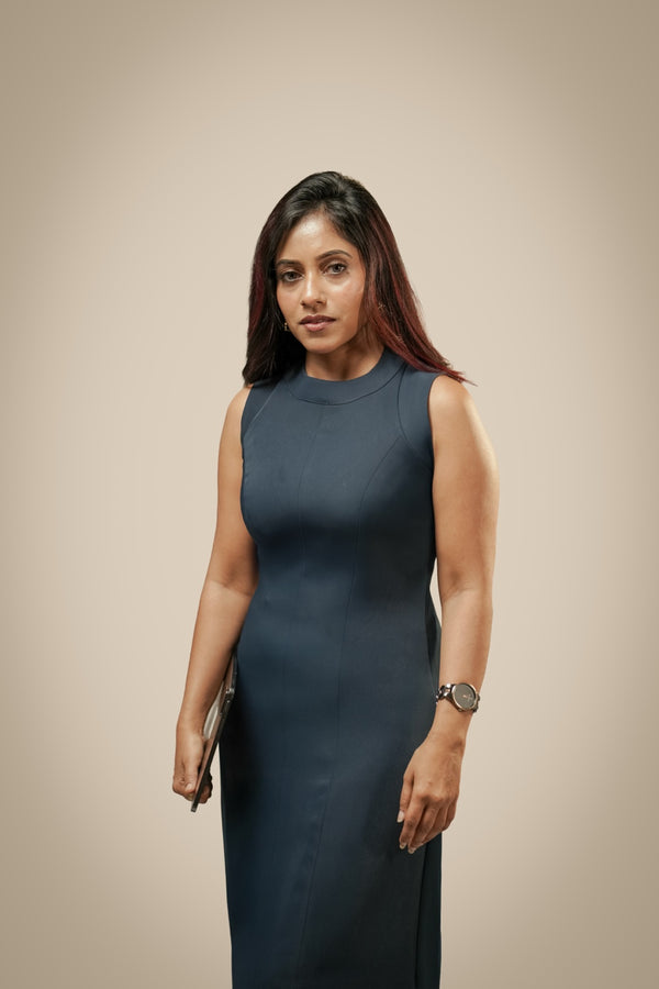 Ikigara teal sleeveless dress with clean panel construction