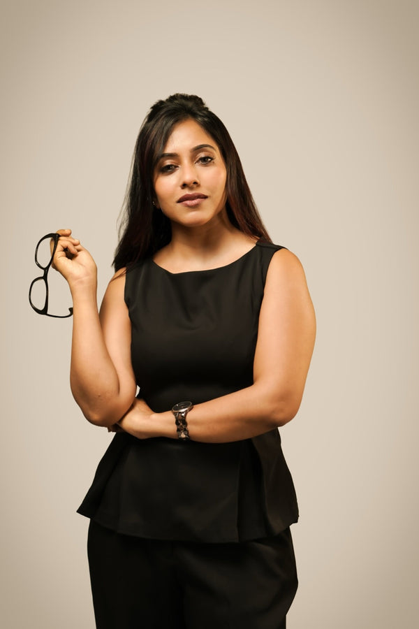 Ikigara black peplum co-ord set — tailored peplum top and wide-leg trousers